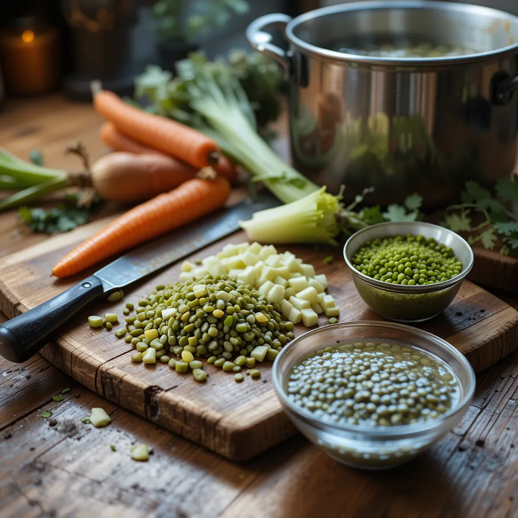 carrots, onion, celery, leeks & Rinse green lentils under cold water