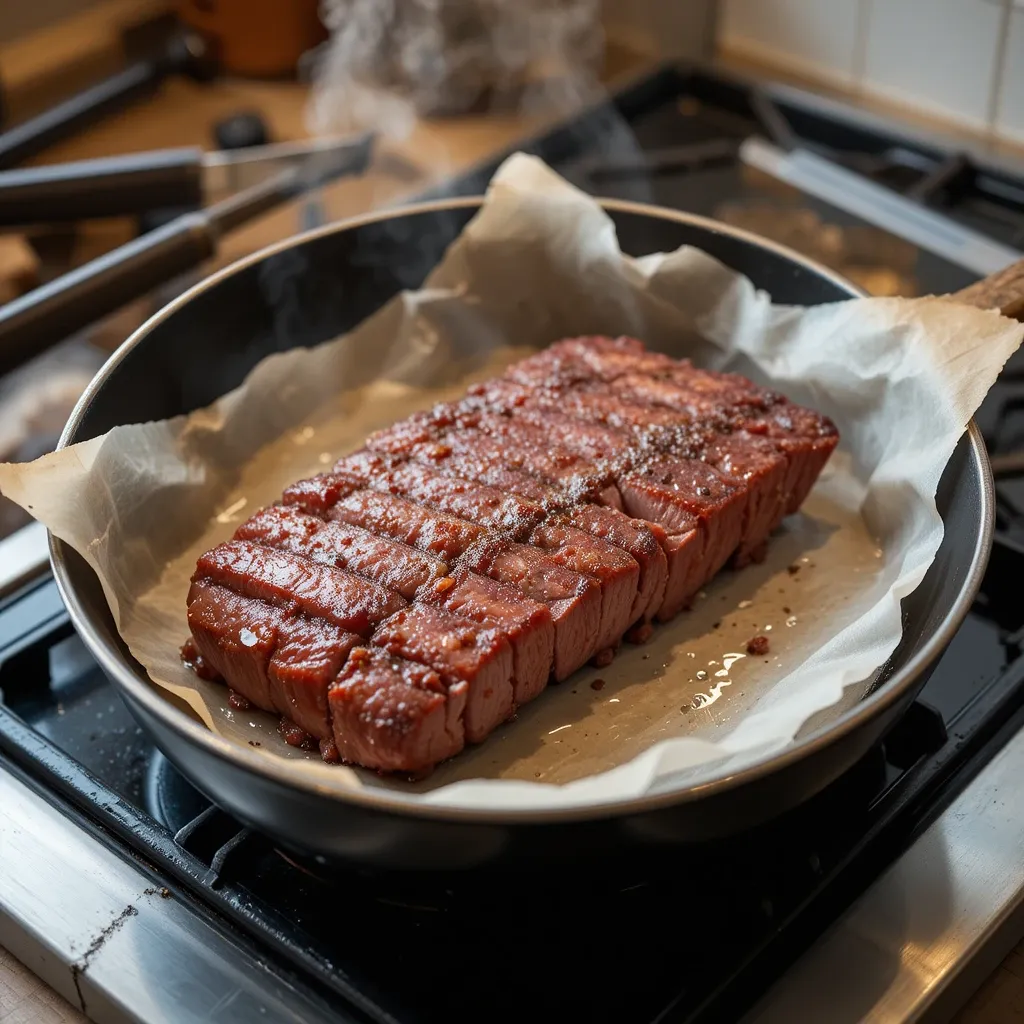 sliced brisket in a sauté pan