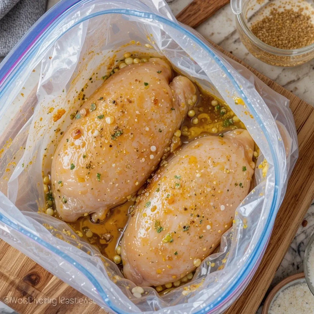 chicken breasts in a large zippered plastic bag