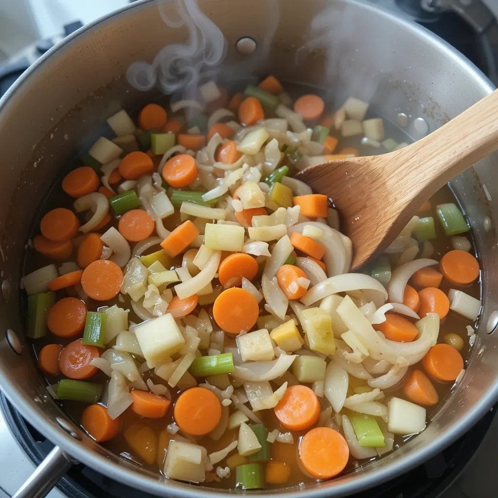 large soup pot, olive oil, carrots, onion, celery & leeks