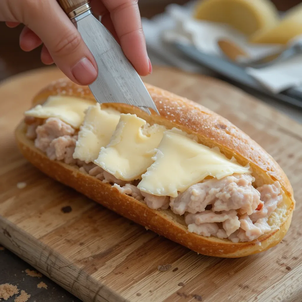 Slice smoked turkey breast into 2mm thick slices. Spread a thin layer of butter over both cut sides of the baguette.