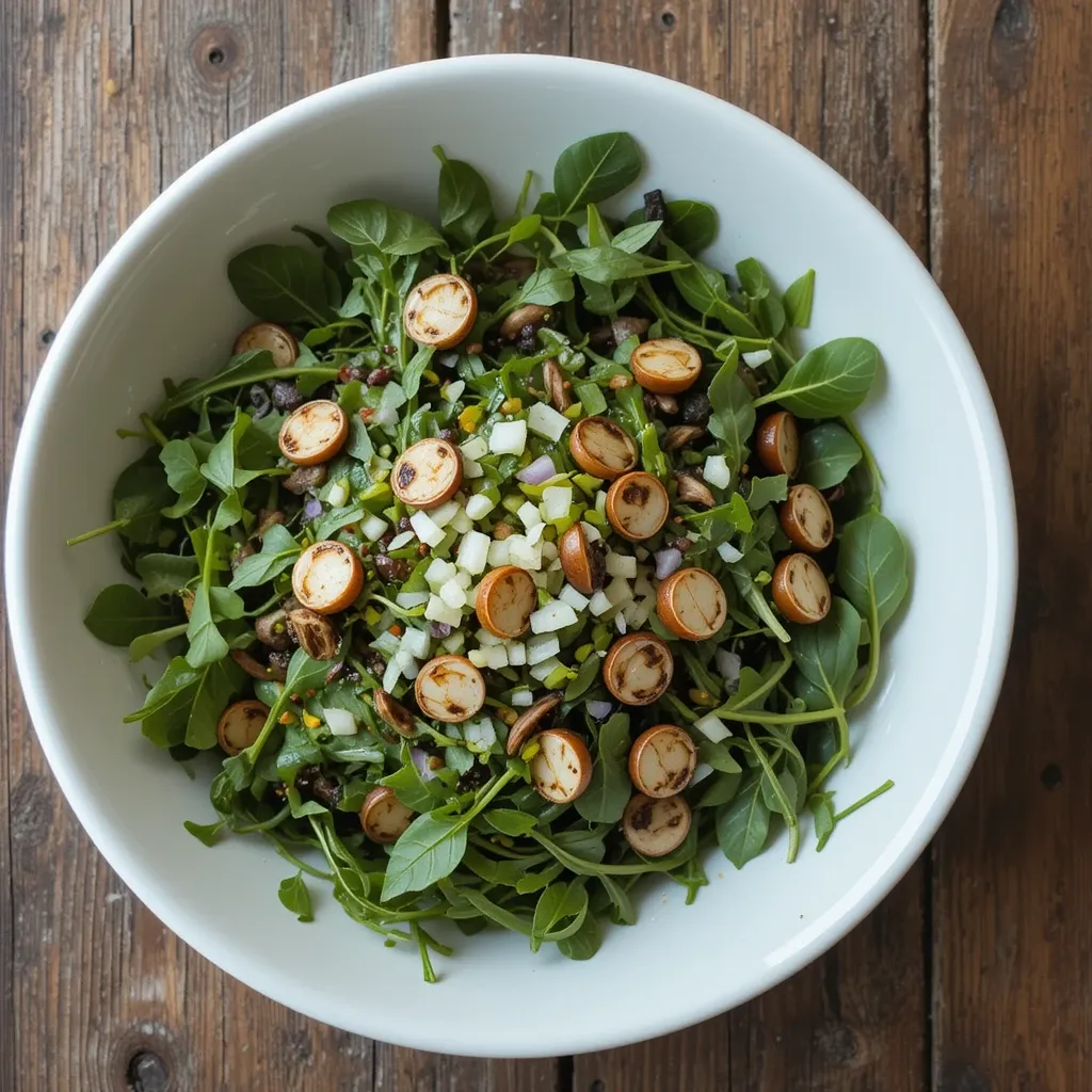 In a large bowl, toss mesclun mix, arugula, and baby spinach to combine.
