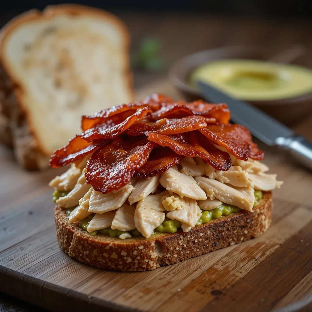 Vienna bread slices, roast chicken, guacamole & beef bacon