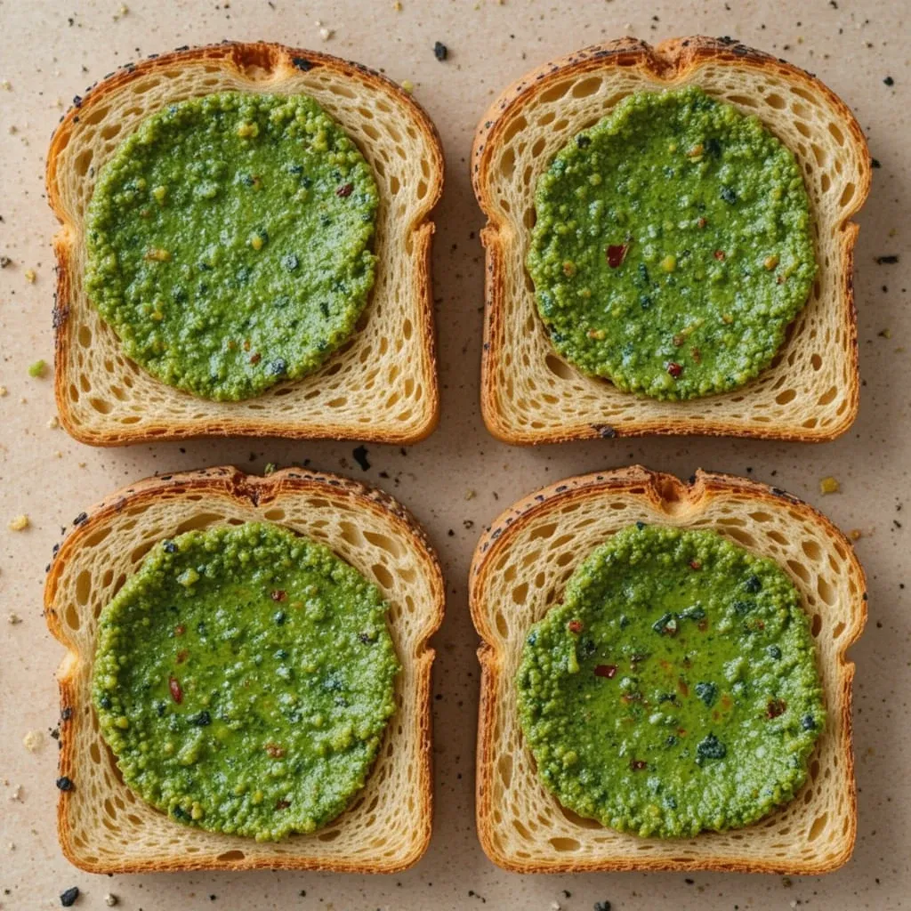 pesto evenly across all four toasted slices