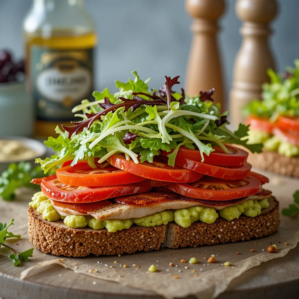 Vienna bread slices, roast chicken, guacamole, beef bacon, sliced Roma tomato & mixed salad mesclun