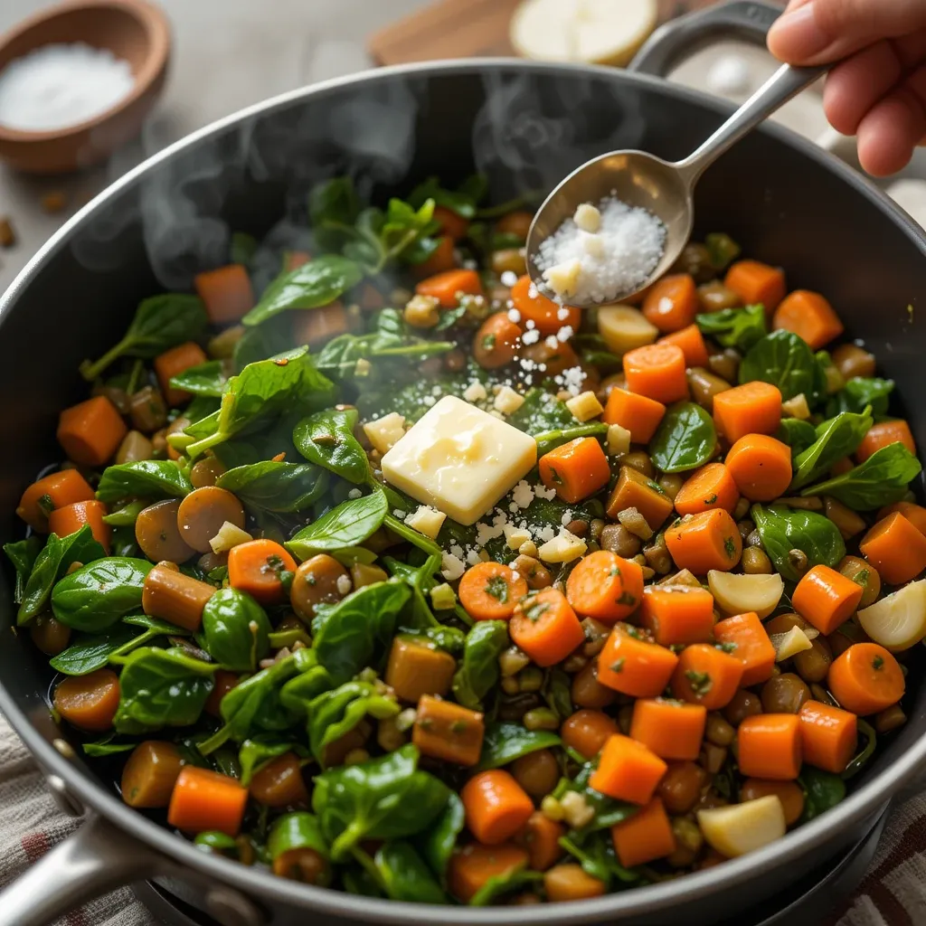 sauté spinach, blanched baby carrots, butter, garlic, salt, and white pepper
