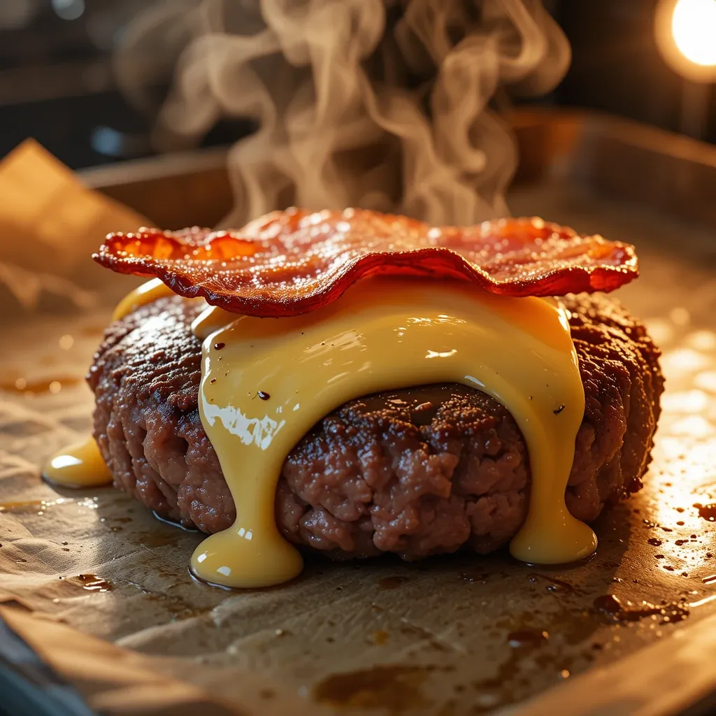 cooked patty, topping it with cheddar cheese and beef bacon