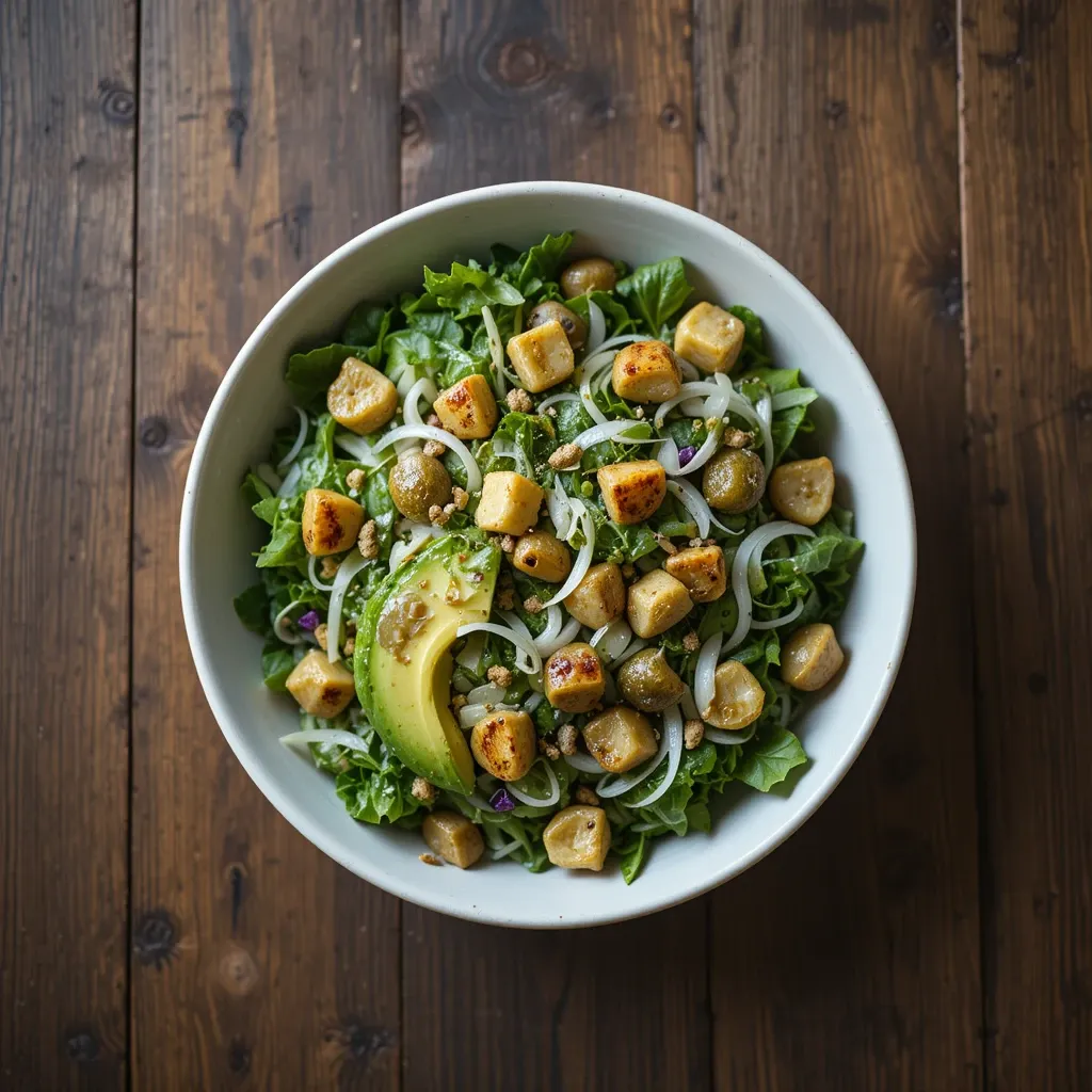 sliced avocado, marinated artichokes, spring onions, and baby radish