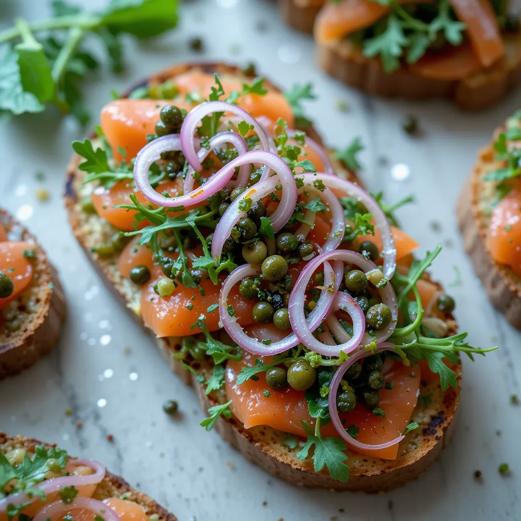 bread, salmon, onion and capers