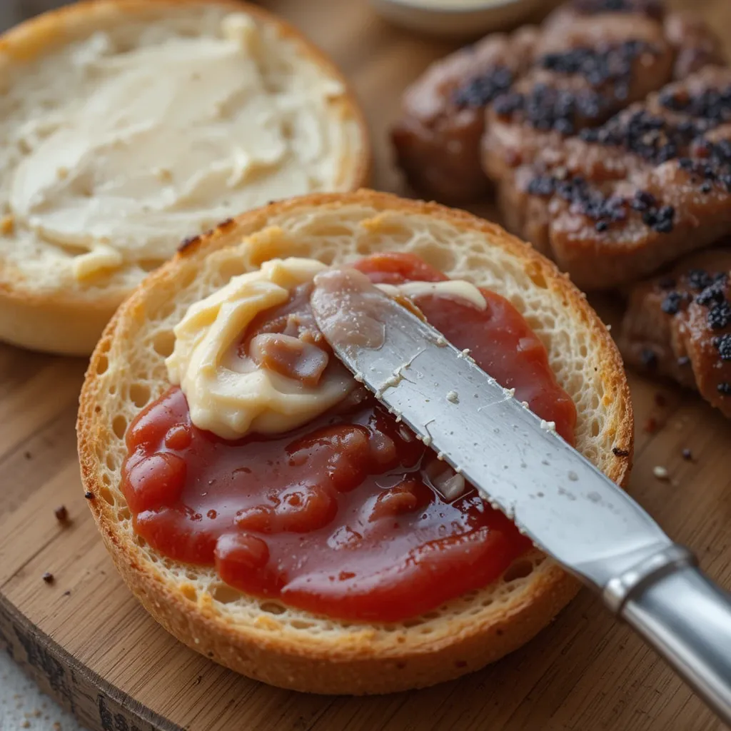 very thin layer of Heinz mayonnaise and Hellmann’s ketchup on the toasted bun bottom.