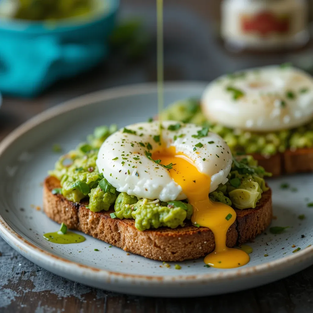 pesto layer with a generous spoonful of the avocado mix, alfalfa sprouts, herb salad & poached egg