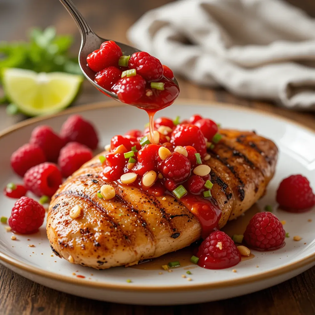 Grilled Chicken, whole raspberries, sliced almonds & chopped scallions