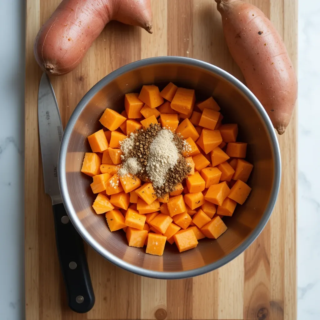 In a mixing bowl, toss the diced sweet potatoes with 1 tablespoon olive oil, ground cumin, and ground coriander