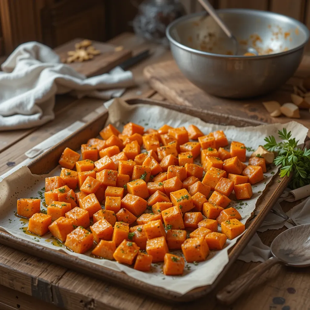 Spread the sweet potatoes on a baking sheet and roast